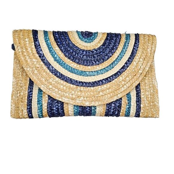 Mud Pie Striped Straw Envelope Clutch Bag (Navy-Teal-Tan) No strap. - Picture 1 of 10